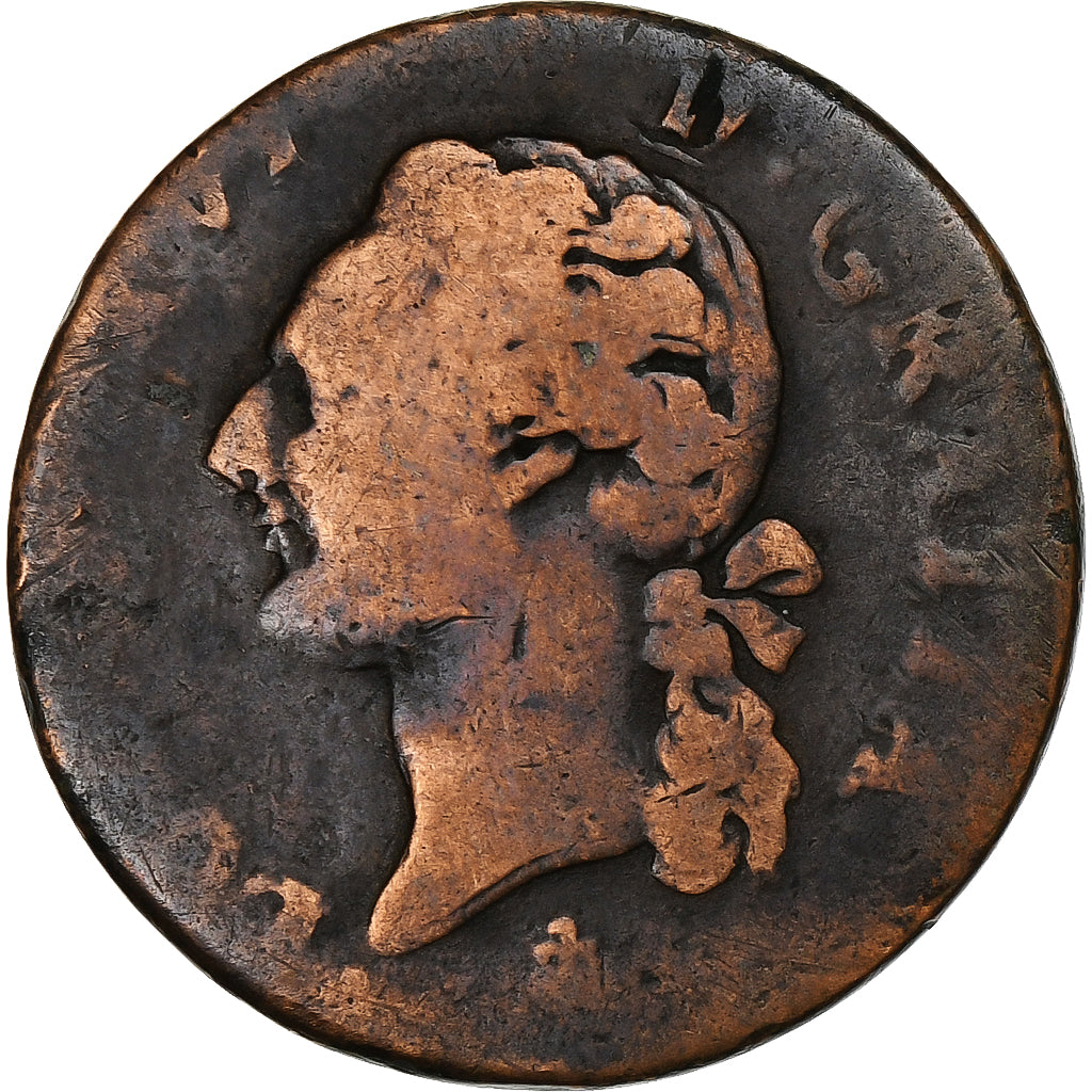 Francia, Louis XVI, 1/2 Sol, 1791, La Rochelle, Cobre, BC+, Gadoury:349