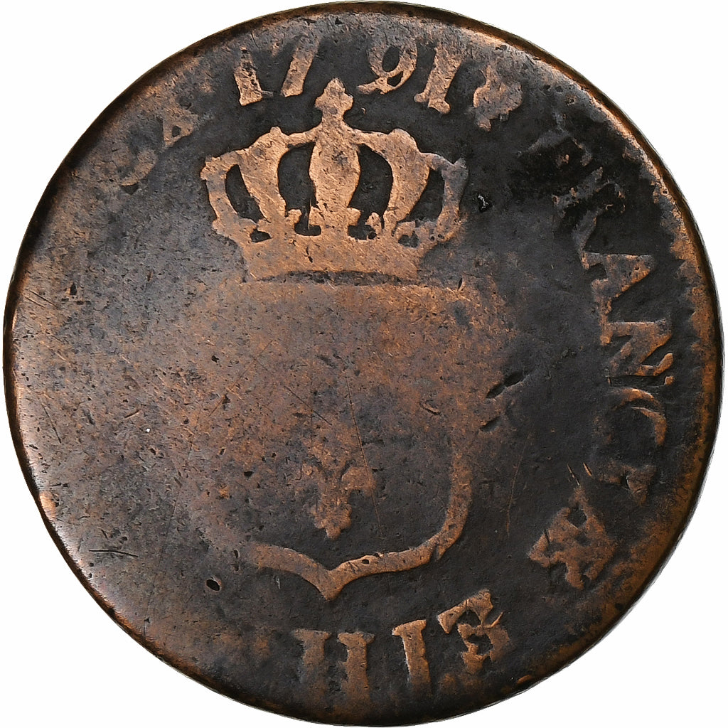Francia, Louis XVI, 1/2 Sol, 1791, La Rochelle, Cobre, BC+, Gadoury:349