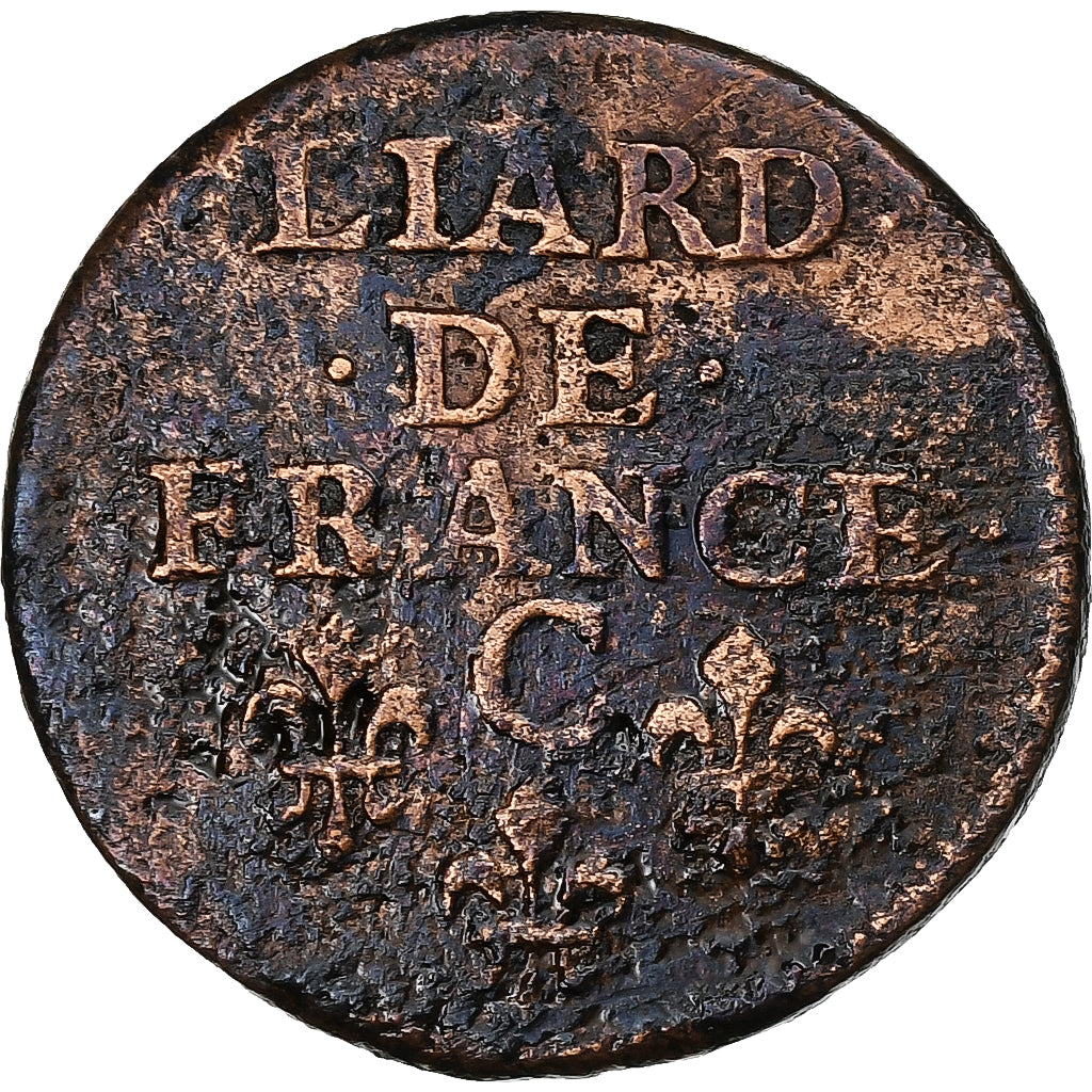 France, Louis XIV, Liard de France, 1655, Caen, Copper, VF(30-35), C2G:46