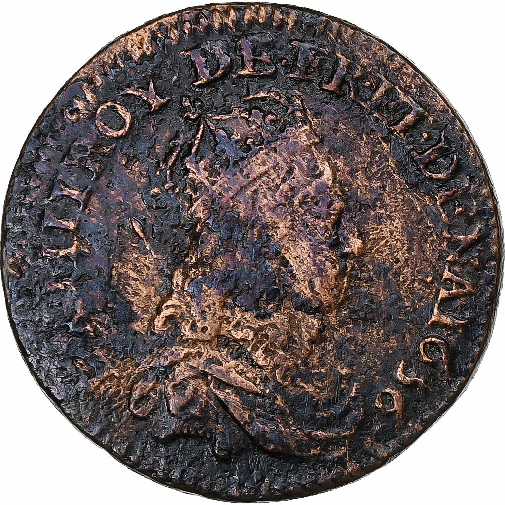 France, Louis XIV, Liard de France, 1656, Caen, Copper, VF(30-35), C2G:48