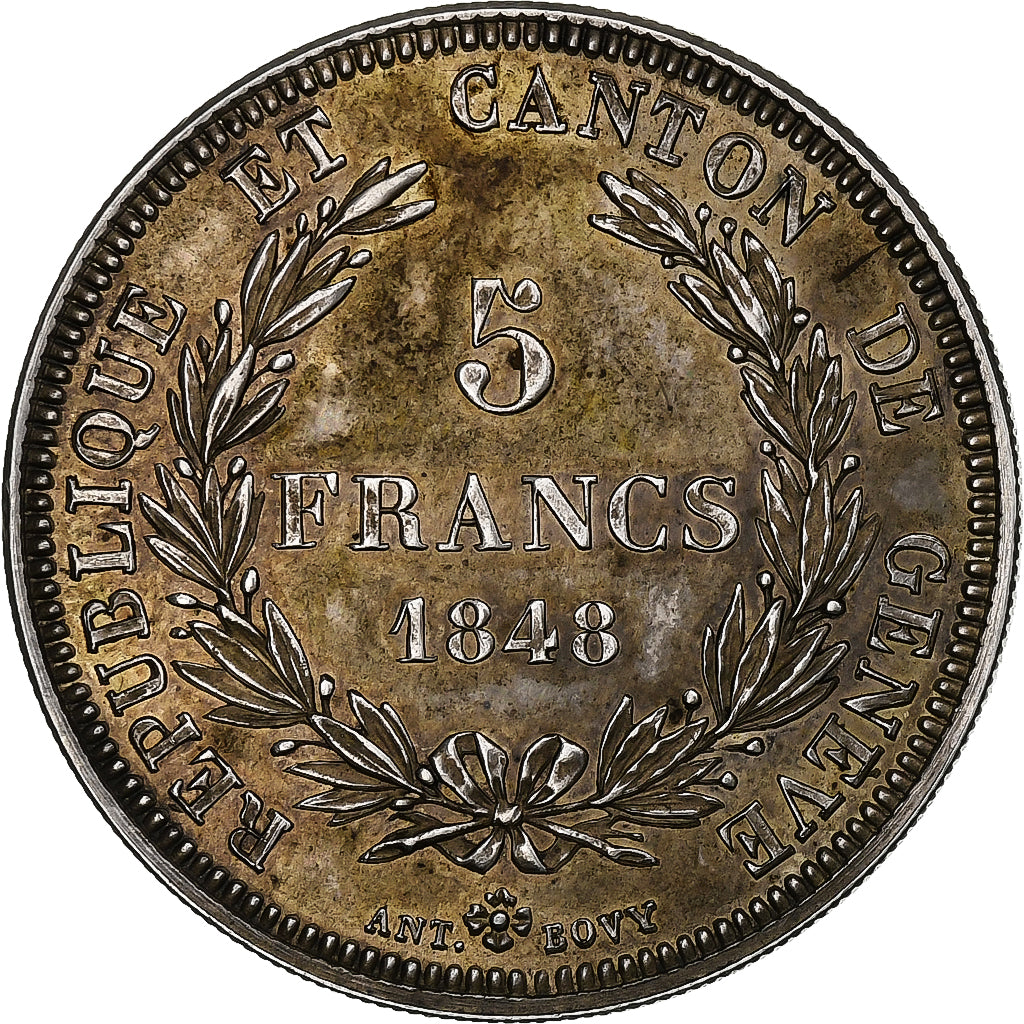 Canton of Geneva, 5 Francs, 1848, Geneva, Zilver, PR, KM:137