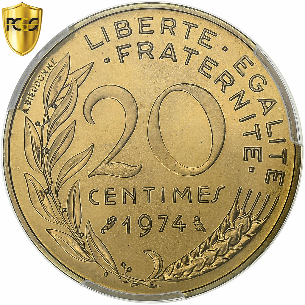 Frankrijk, 20 Centimes, Marianne, 1974, Paris, Aluminum-Bronze, PCGS, MS67