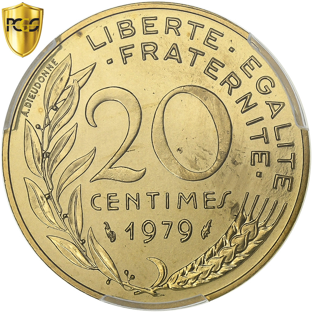 França, 20 Centimes, Marianne, 1979, Paris, Alumínio-Bronze, PCGS, MS65