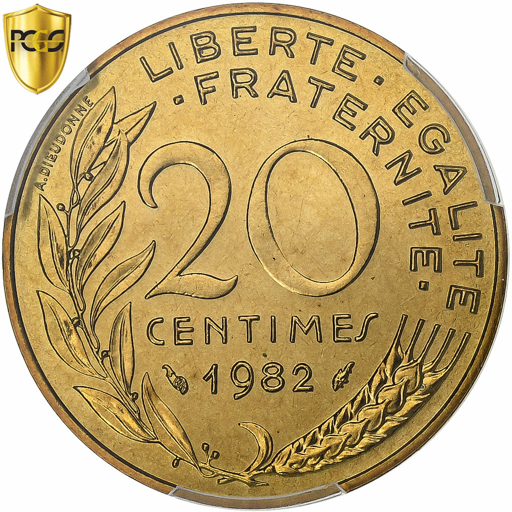 França, 20 Centimes, Marianne, 1982, Paris, Alumínio-Bronze, PCGS, MS67