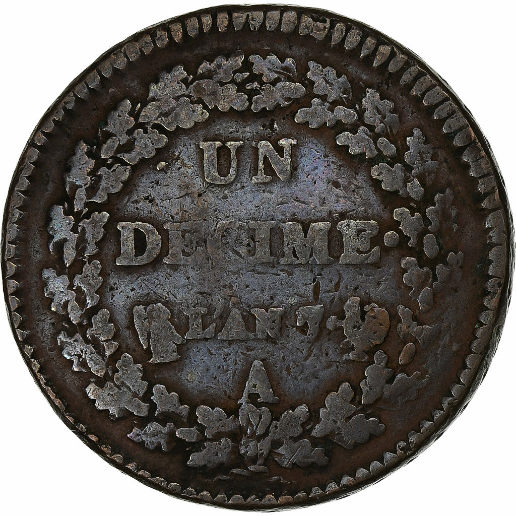 Francja, 1 Décime, Dupré, AN 7/5, Paris, Coq/Corne, Brązowy, VF(20-25)