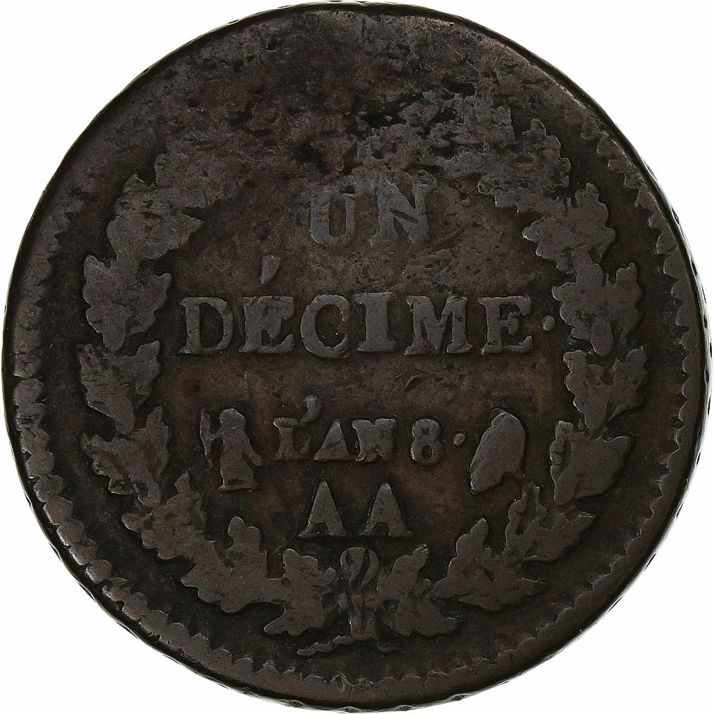 Frankrijk, 1 Décime, Dupré, AN 8, Metz, Bronzen, ZG+, Gadoury:187a