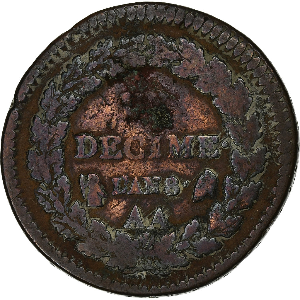 França, 1 Décime, Dupré, AN 8, Metz, Bronze, F(12-15), Gadoury:187a