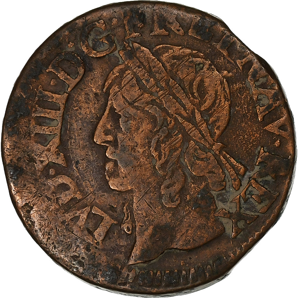 France, Louis XIII, Double Tournois, 1643, La Rochelle, Cuivre, TTB, CGKL:516