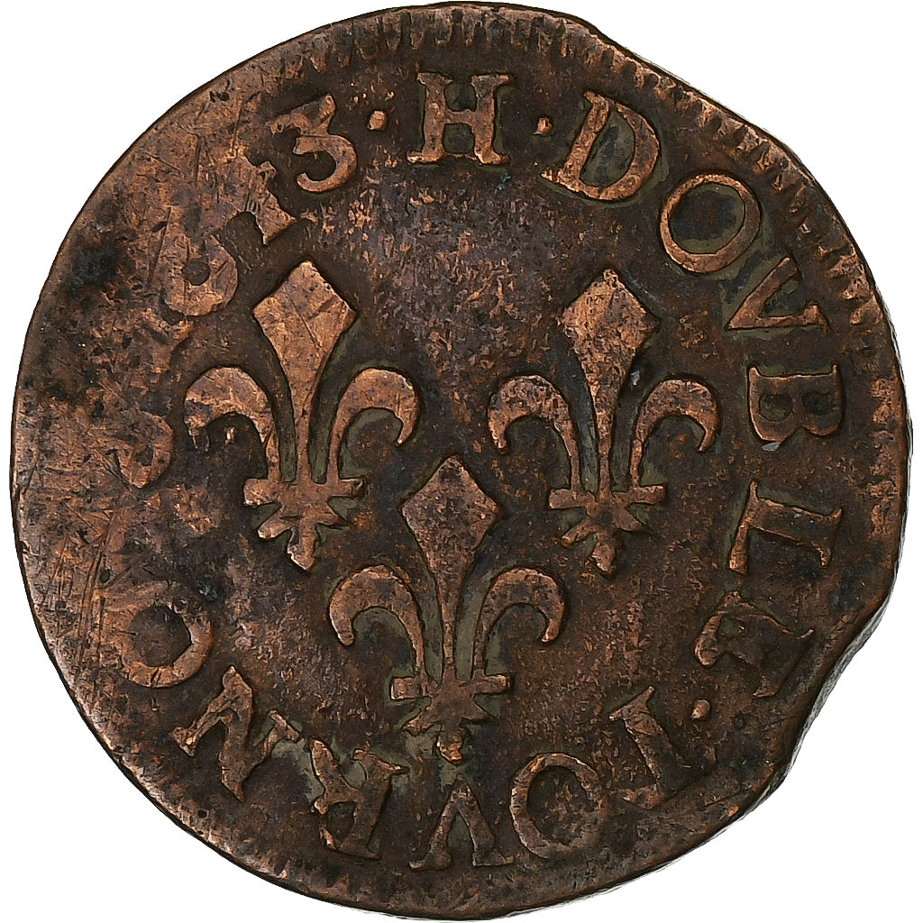 France, Louis XIII, Double Tournois, 1643, La Rochelle, Cuivre, TTB, CGKL:516