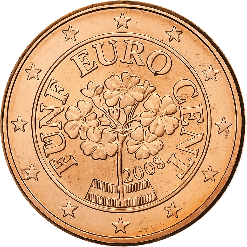 Áustria, 5 Euro Cent, 2008, Vienna, Aço Cromado a Cobre, MS(63), KM:3084