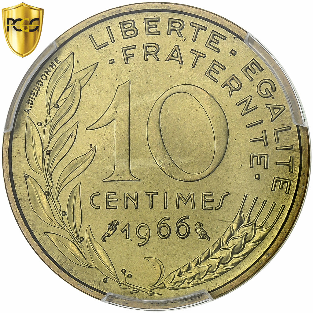 France, 10 Centimes, Marianne, 1966, Paris, Aluminum-Bronze, PCGS, MS66