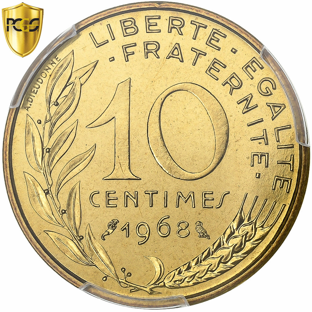 France, 10 Centimes, Marianne, 1968, Paris, Aluminum-Bronze, PCGS, MS67