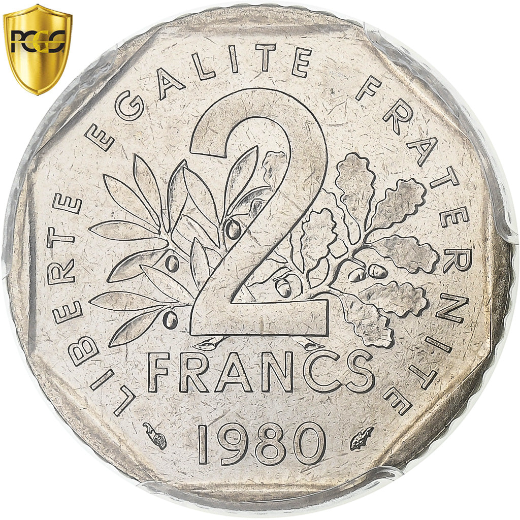 França, 2 Francs, Semeuse, 1980, Paris, Níquel, PCGS, MS66, Gadoury:547