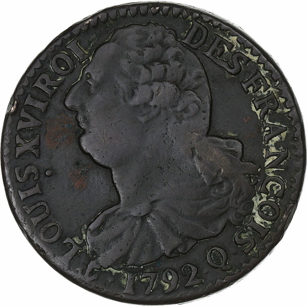 França, Louis XVI, 2 Sols, 1792 / AN 4, Perpignan, Cuivre, VF(30-35)