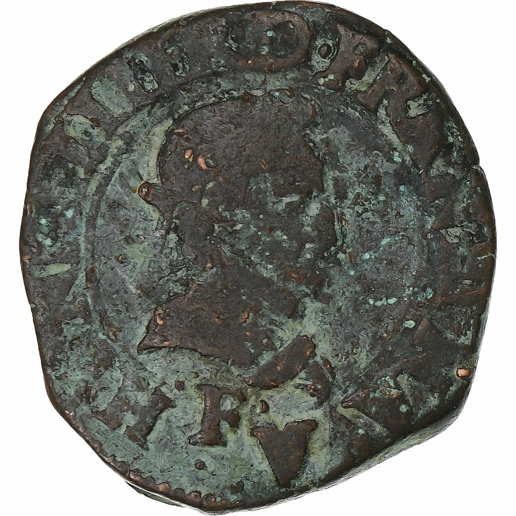 Francia, Henri IV, Double Tournois, 1590, Angers, Rare, Rame, MB, CGKL:154