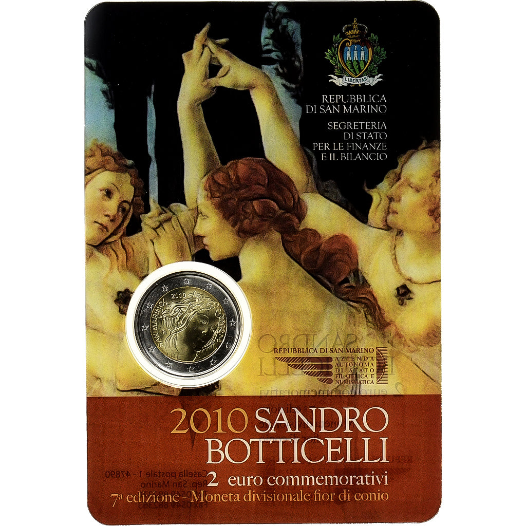 San Marino, 2 Euro, Sandro Botticelli, Coin card, 2010, Rome, Bi-Metallic