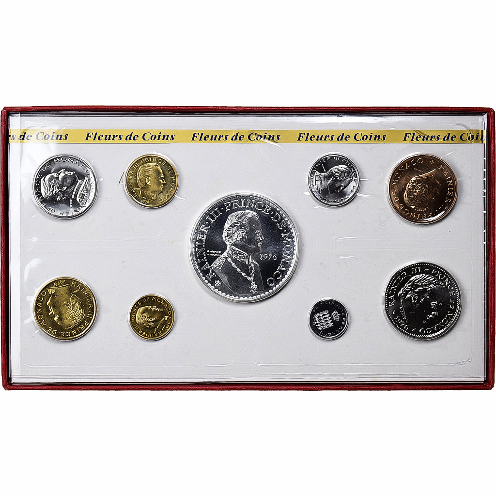 Mónaco, Rainier III, Coffret 10 c. à 50 frs., 1976, MDP, FDC, Sin