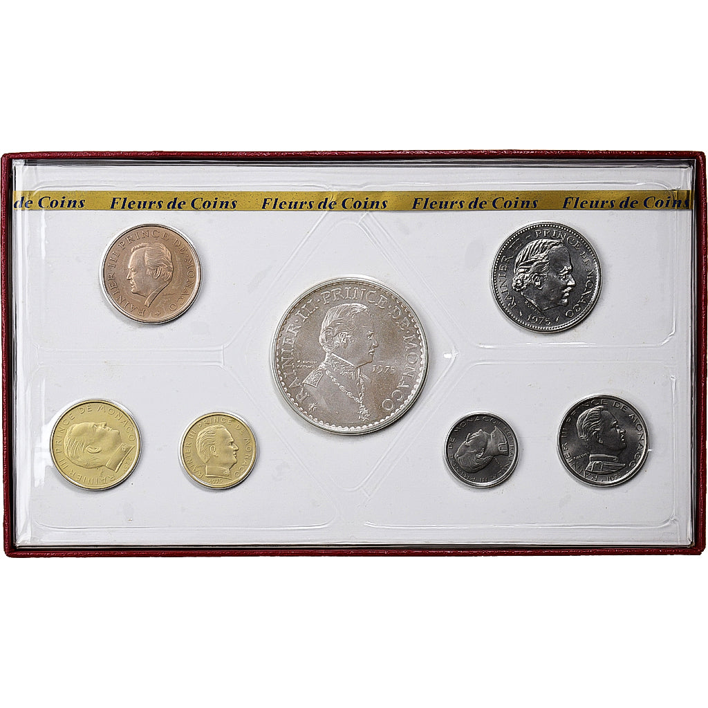 Mónaco, Rainier III, Coffret 10 c. à 50 frs., 1975, MDP, FDC, Sin