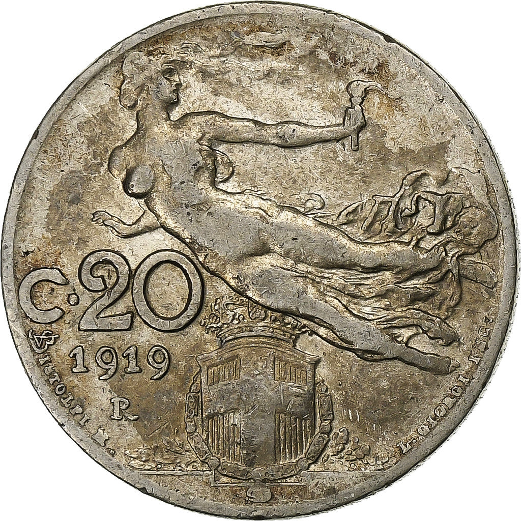 Italia, Vittorio Emanuele III, 20 Centesimi, 1919, Rome, Níquel, BC+