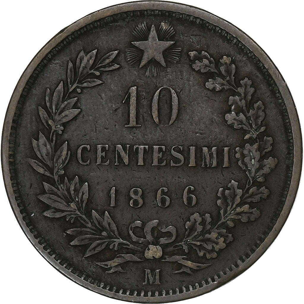 Włochy, Vittorio Emanuele II, 10 Centesimi, 1866, Milan, Brązowy, VF(30-35)