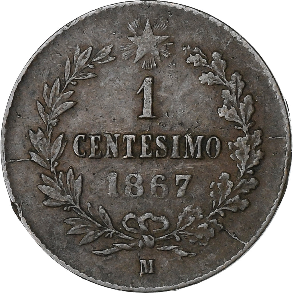 Włochy, Vittorio Emanuele II, Centesimo, 1867, Milan, Brązowy, VF(30-35)