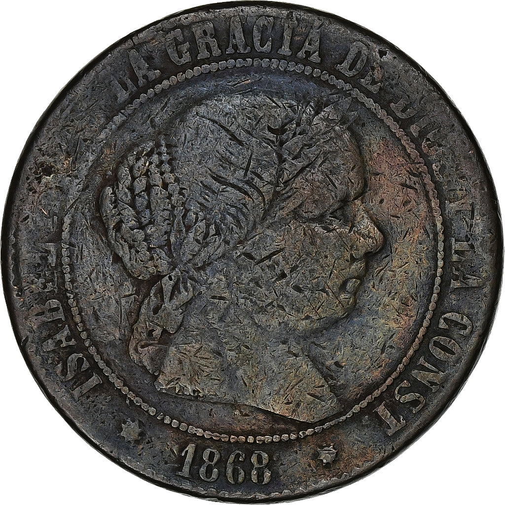 Spanje, Isabel II, 5 Centimos, 1868, Barcelona, Bronzen, FR, KM:635.1
