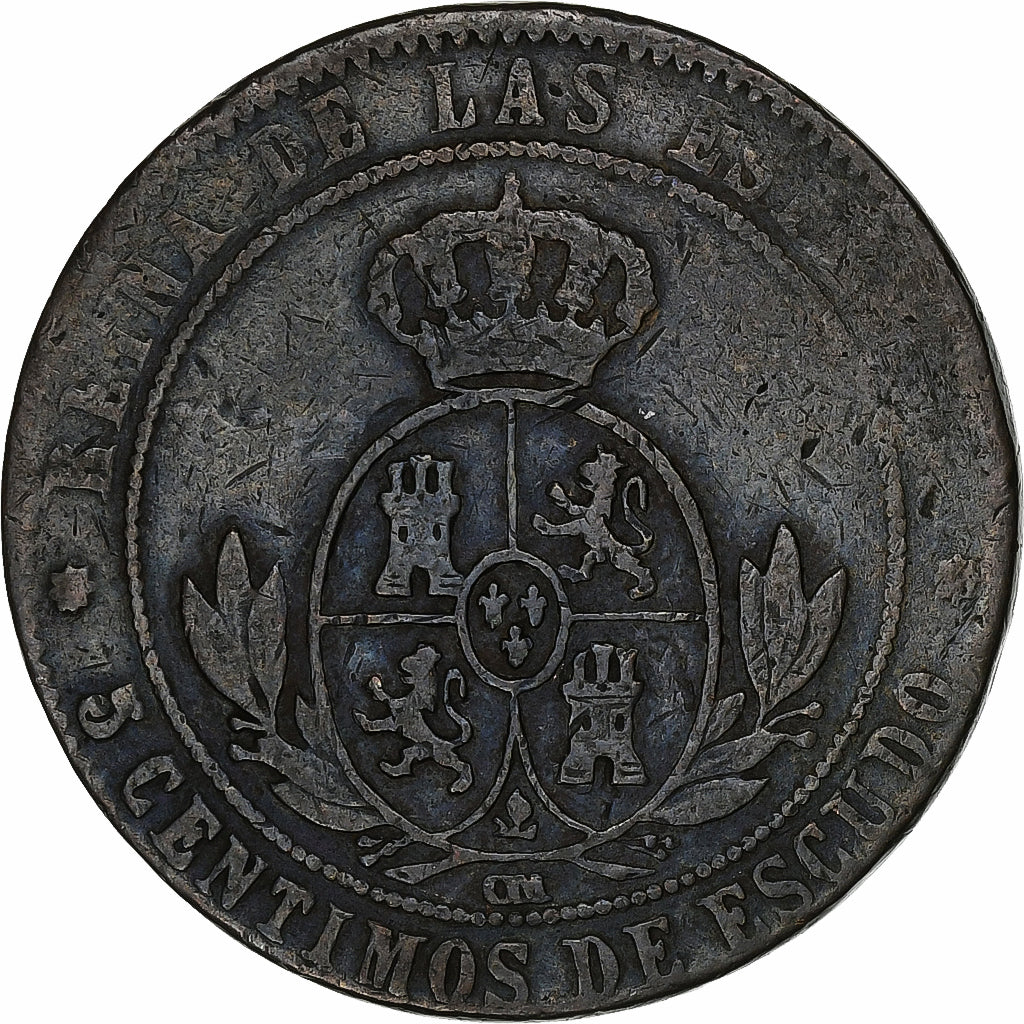 Spanje, Isabel II, 5 Centimos, 1868, Barcelona, Bronzen, FR, KM:635.1