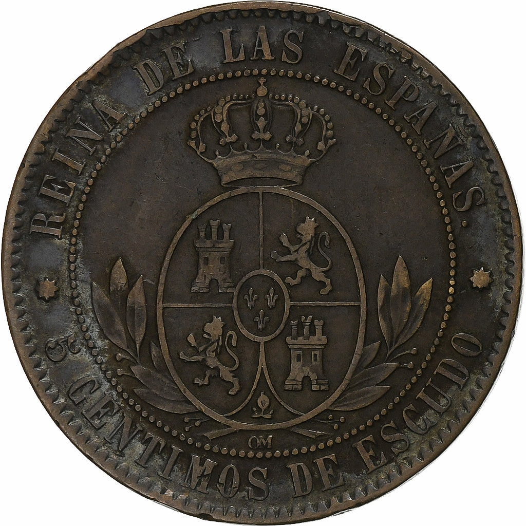 Spain, Isabel II, 5 Centimos, 1868, Barcelona, Bronze, EF(40-45), KM:635.1