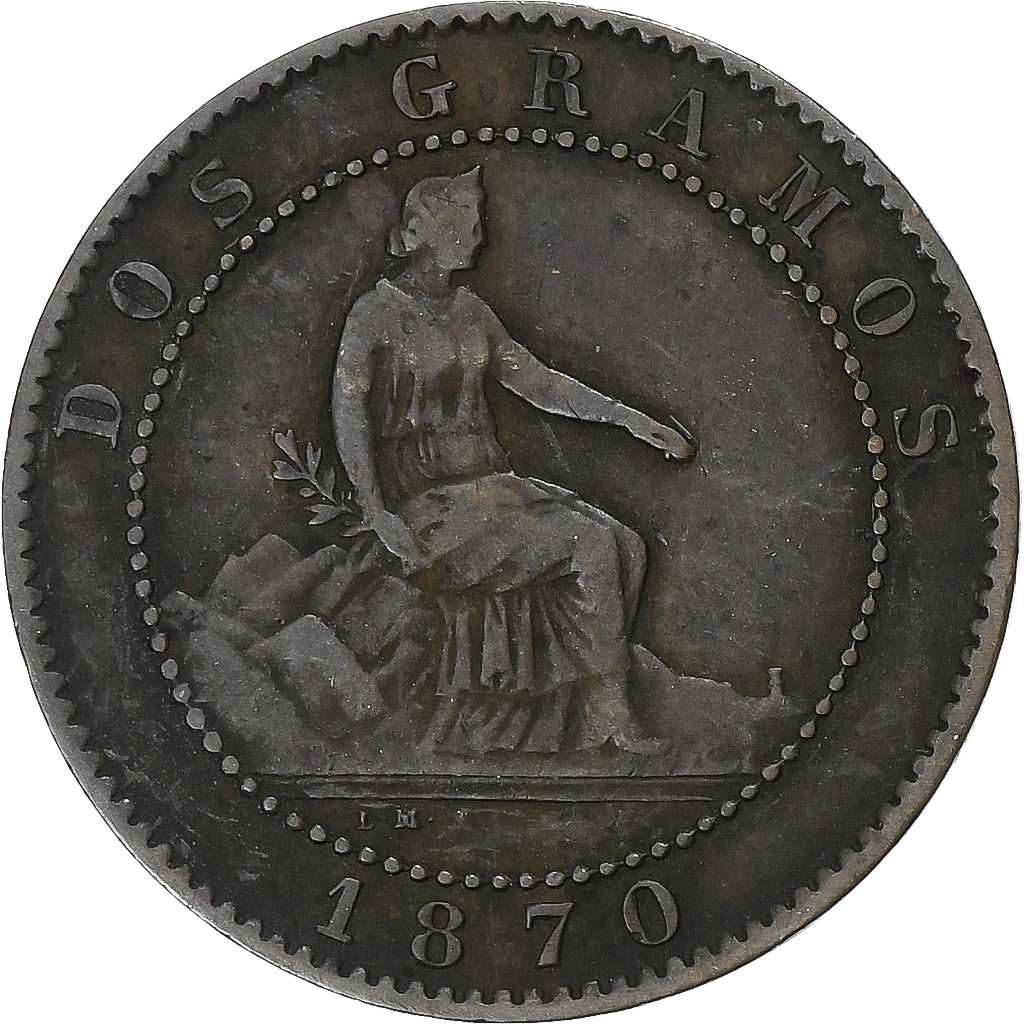 Hiszpania, 2 Centimos, 1870, Barcelona, Brązowy, VF(30-35)