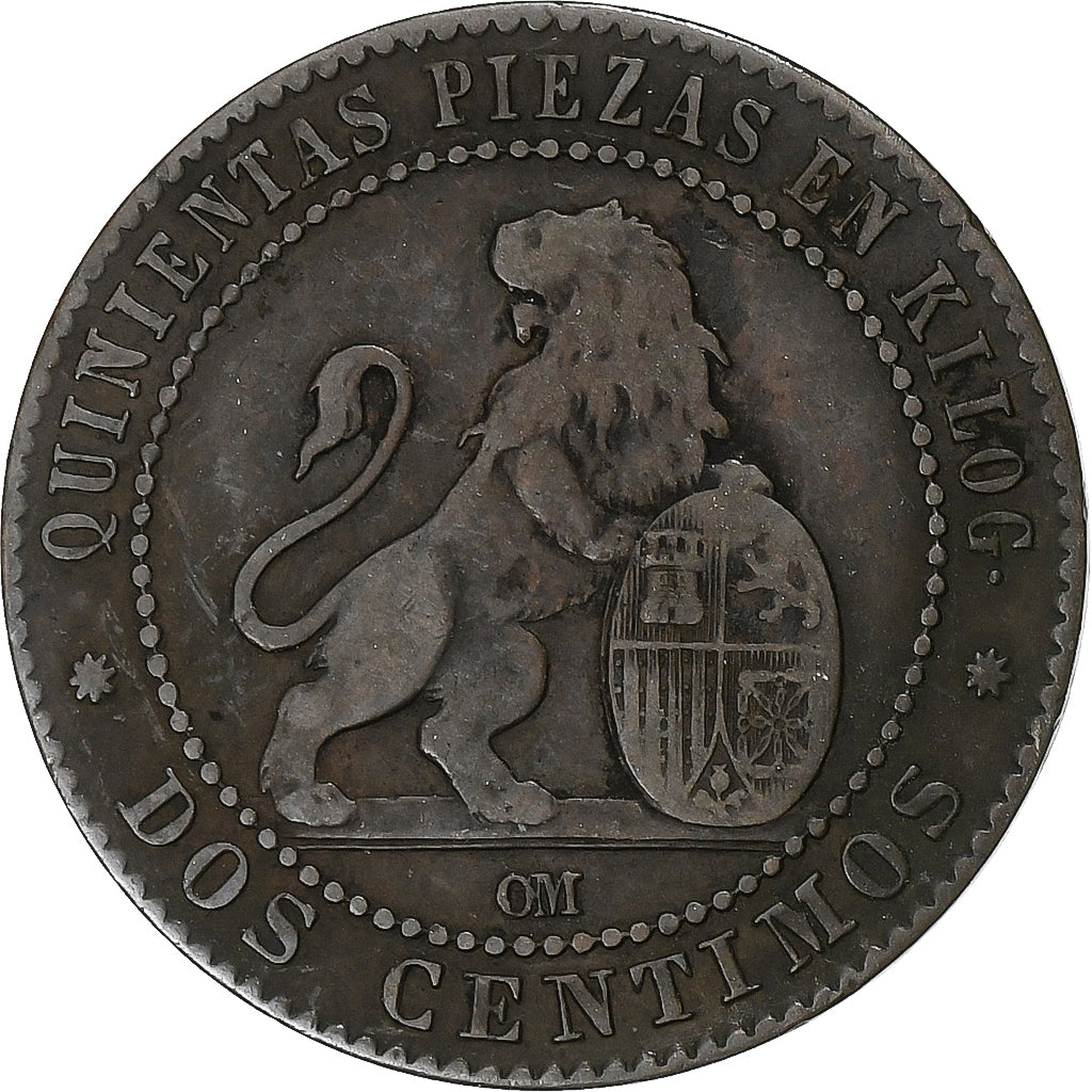 Hiszpania, 2 Centimos, 1870, Barcelona, Brązowy, VF(30-35)