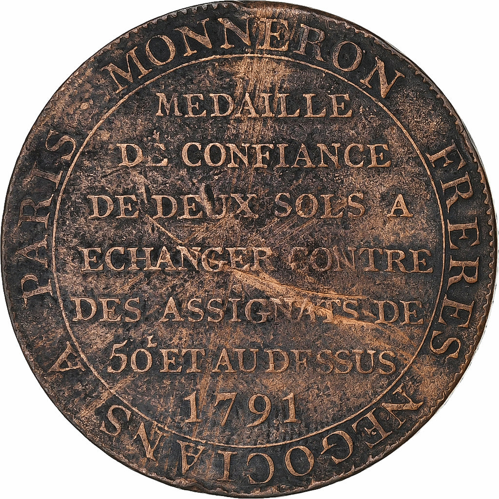 France, Monneron de 2 Sols, 1791 / AN 3, Birmingham, Bronze, VF(20-25)