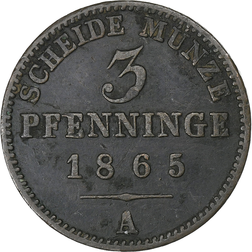 Kingdom of Prussia, Wilhelm I, 3 Pfennig, 1865, Berlin, Cobre, MBC, KM:482