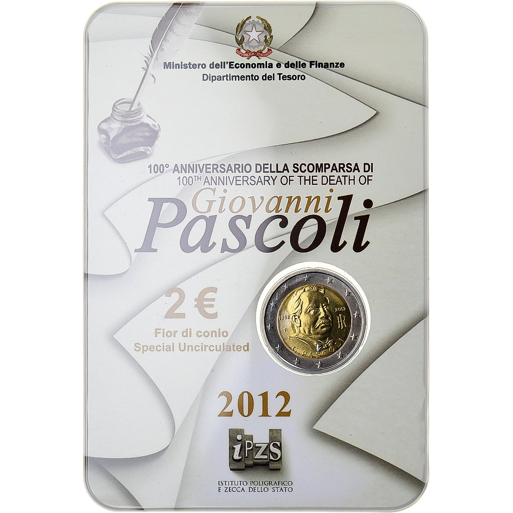 Italy, 2 Euro, Giovanni Pascoli, Coin Card. BU, 2012, Rome, Bi-Metallic