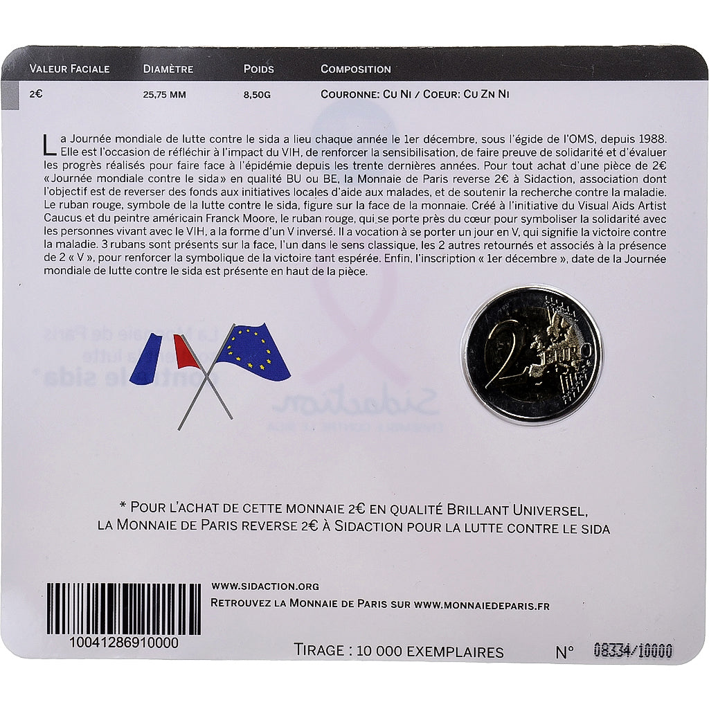 France, 2 Euro, Sidaction, Colorized, 2014, MDP, Bi-Metallic, MS(65-70)
