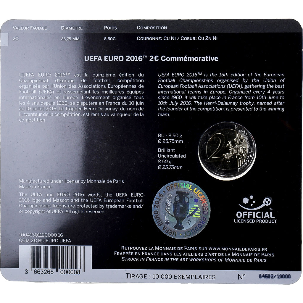Francja, 2 Euro, UEFA Euro 2016, Coin card, 2016, MDP, Bimetaliczny, MS(65-70)