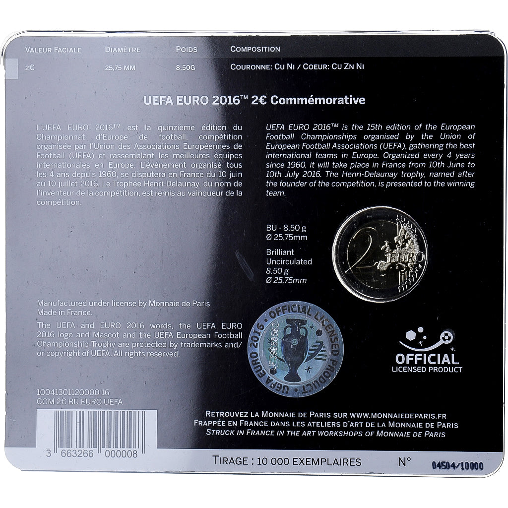 Francia, 2 Euro, UEFA Euro 2016, Coin card, 2016, MDP, Bimetálico, FDC