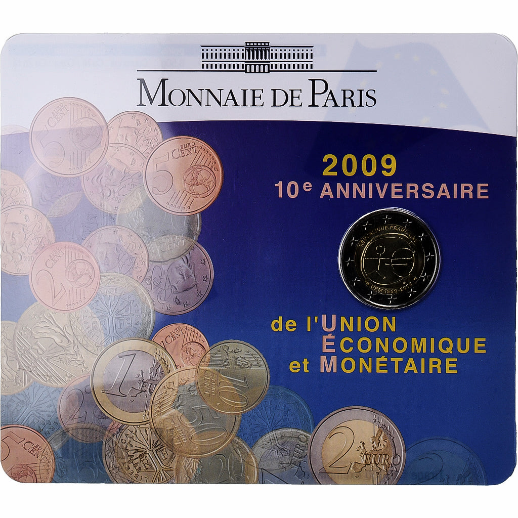 France, 2 Euro, 10 Years of EMU, Coin card, 2009, MDP, Bimétallique, FDC