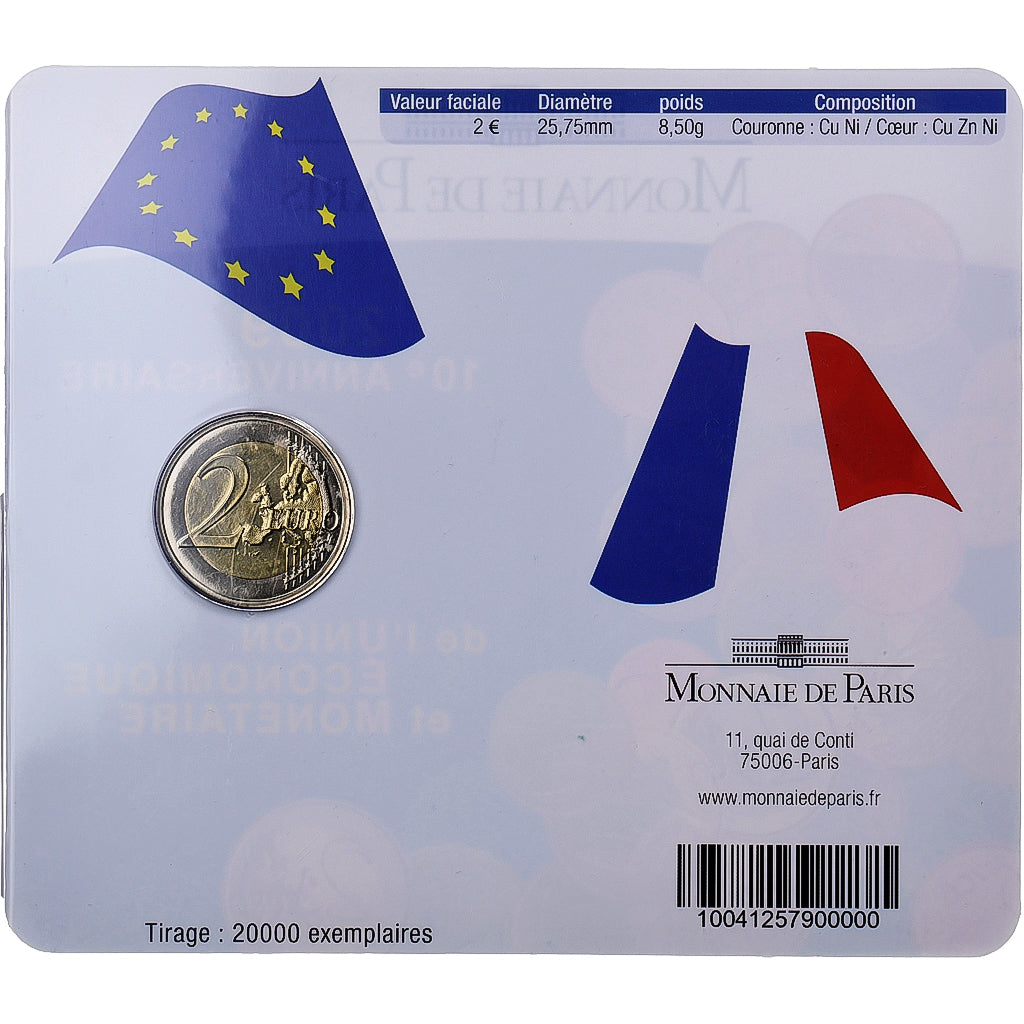 France, 2 Euro, 10 Years of EMU, Coin card, 2009, MDP, Bimétallique, FDC