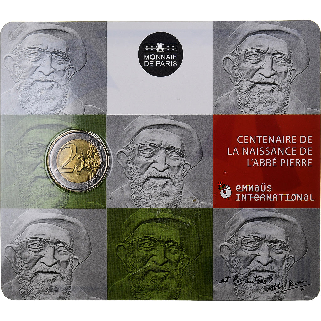 Francia, 2 Euro, Birth of Abbé Pierre, Coin card, 2012, MDP, Bi-metallico, FDC