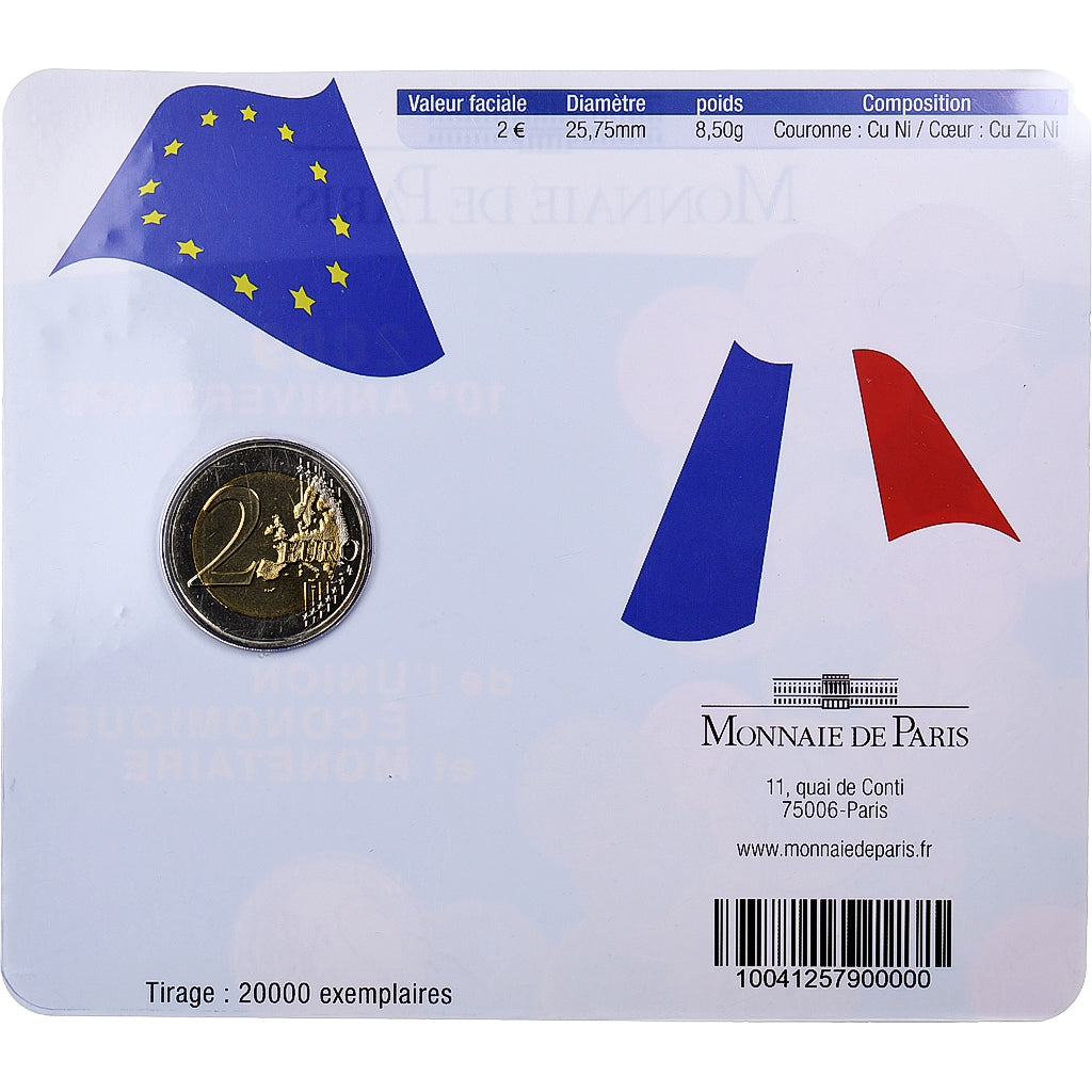 France, 2 Euro, 10 Years of EMU, Coin card, 2009, MDP, Bi-Metallic, MS(65-70)