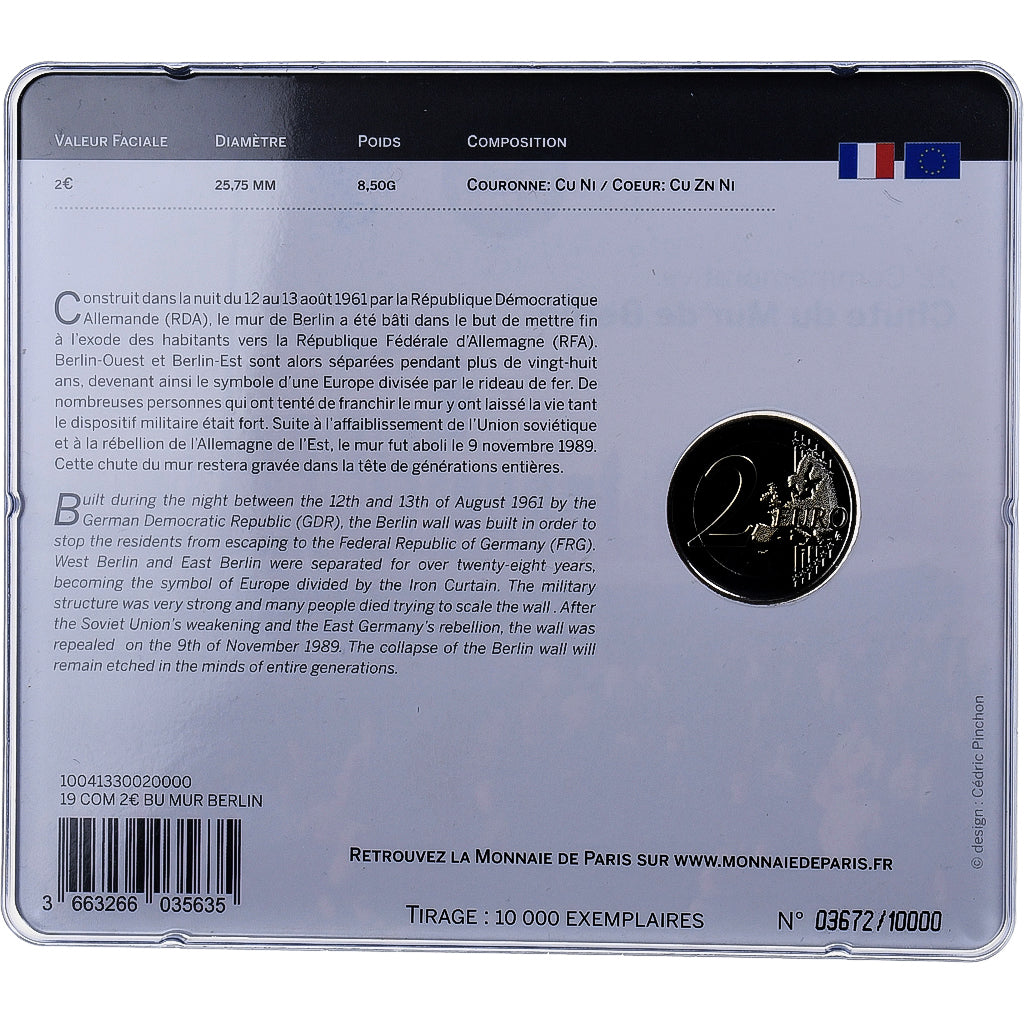 France, 2 Euro, 30th Anniversary, Fall of the Berlin Wall, Coin card, 2019, MDP