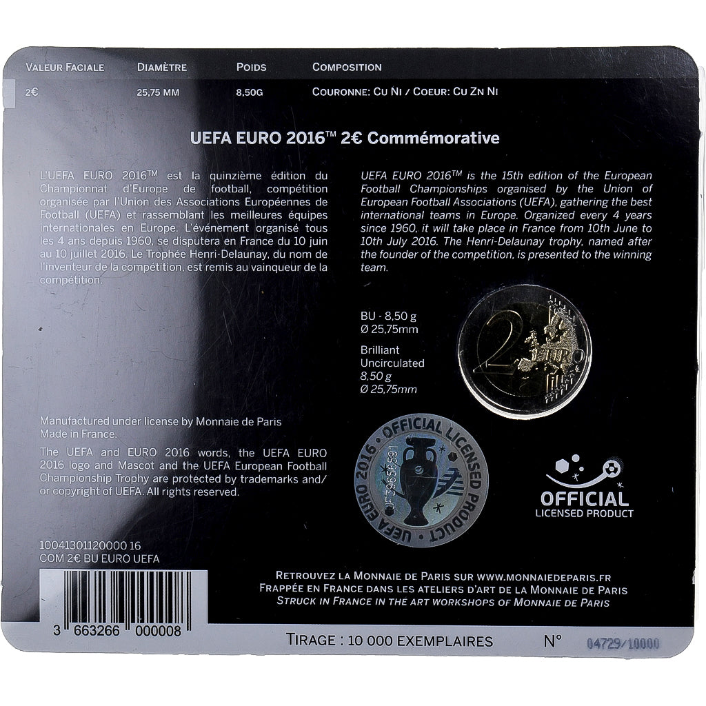 Francia, 2 Euro, UEFA Euro 2016, Coin card, 2016, MDP, Bi-metallico, FDC