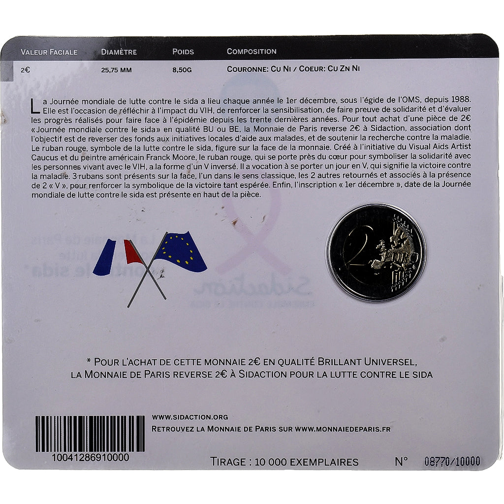 France, 2 Euro, Sidaction, Coin card, 2014, MDP, Bi-Metallic, MS(65-70)