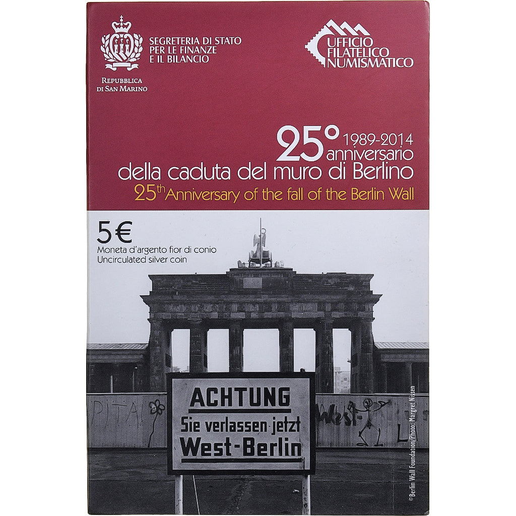 San Marino, 5 Euro, 25th Anniversary, Fall of the Berlin Wall, 2014, Rome