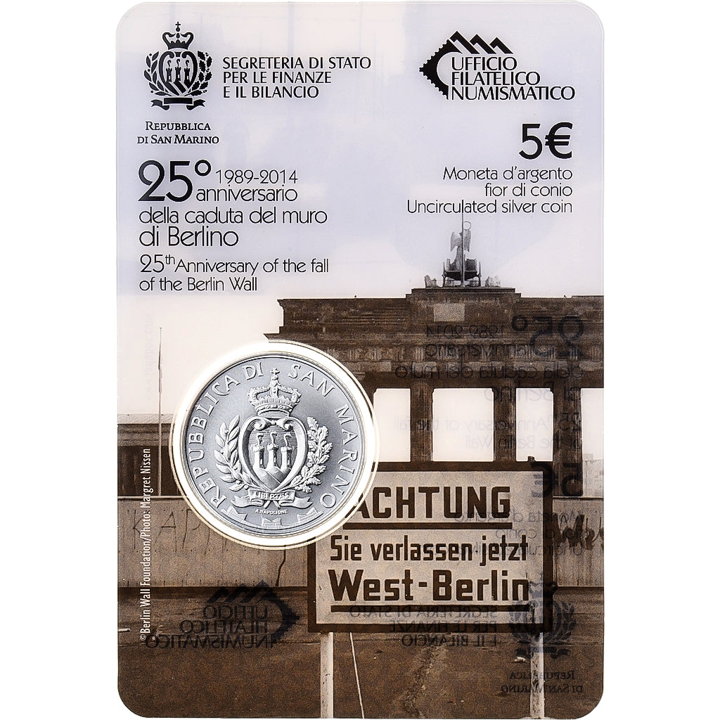 San Marino, 5 Euro, 25th Anniversary, Fall of the Berlin Wall, 2014, Rome