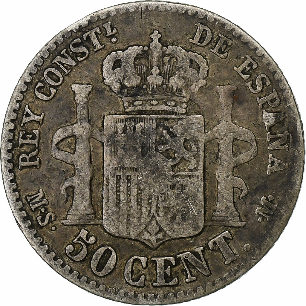 España, Alfonso XII, 50 Centimos, 1881, Madrid, Plata, BC
