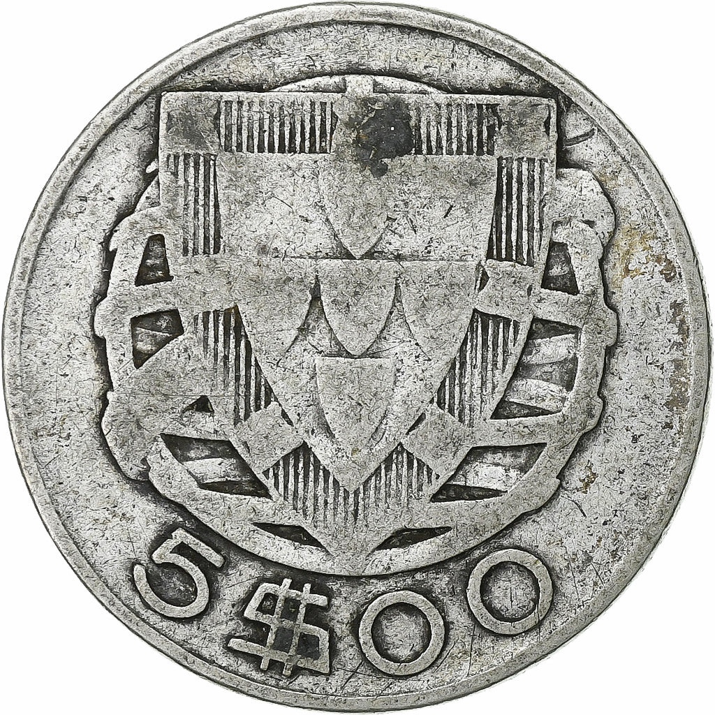 Portugal, 5 Escudos, 1934, Lisbon, Silver, VF(20-25)