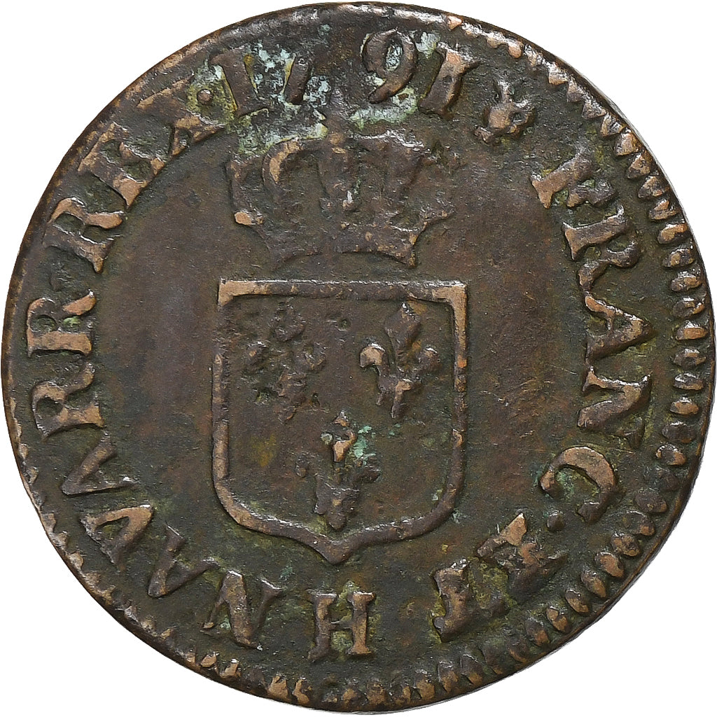 Frankrijk, Louis XVI, Liard, 1791, La Rochelle, Koper, ZF, Gadoury:348
