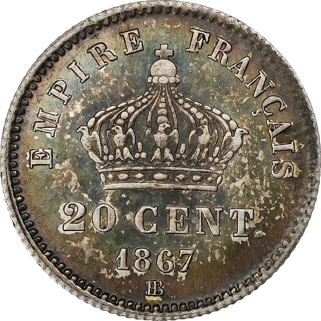 France, Napoleon III, 20 Centimes, 1867, Strasbourg, Silver, MS(60-62)
