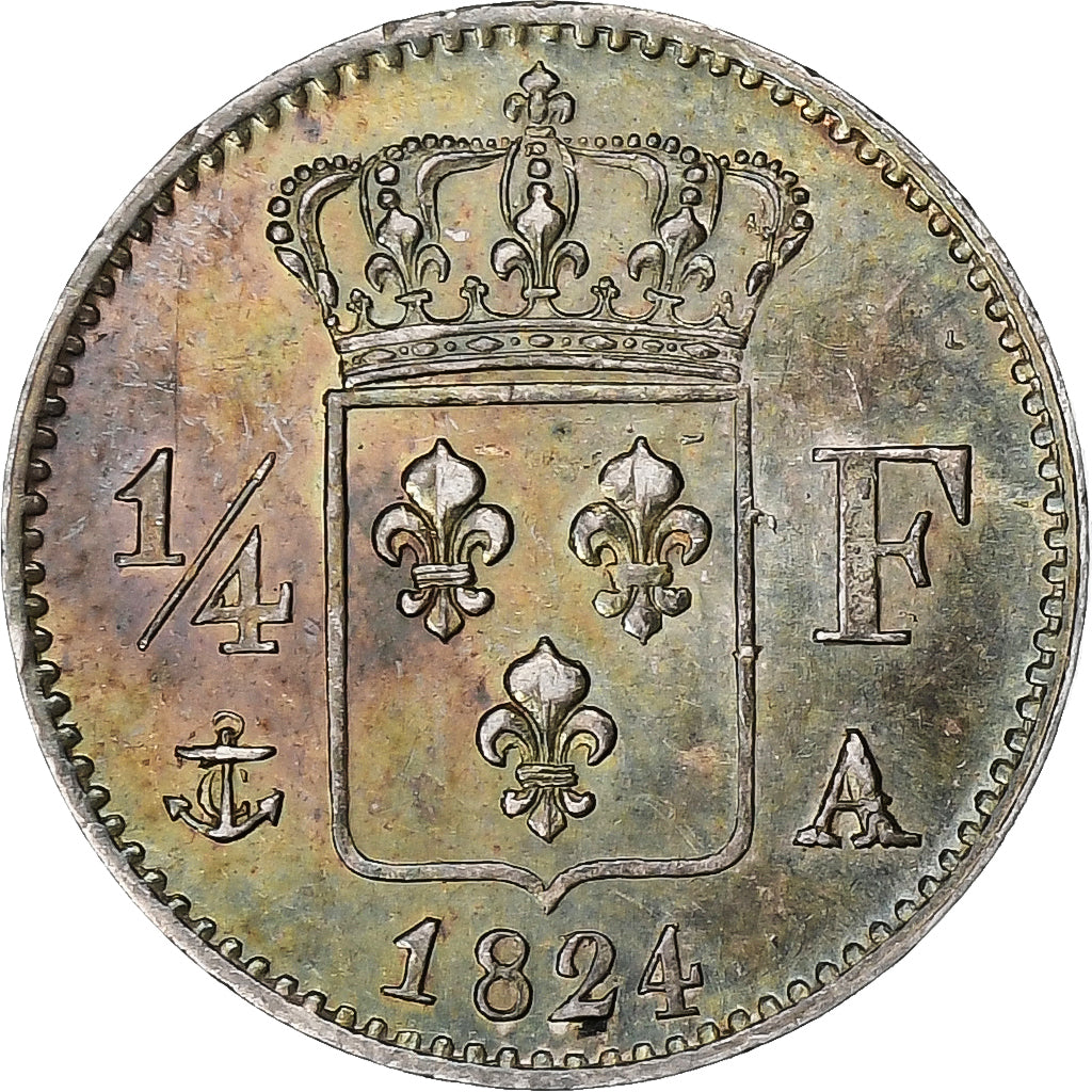 France, Louis XVIII, 1/4 Franc, 1824, Paris, Argent, SUP, Gadoury:352